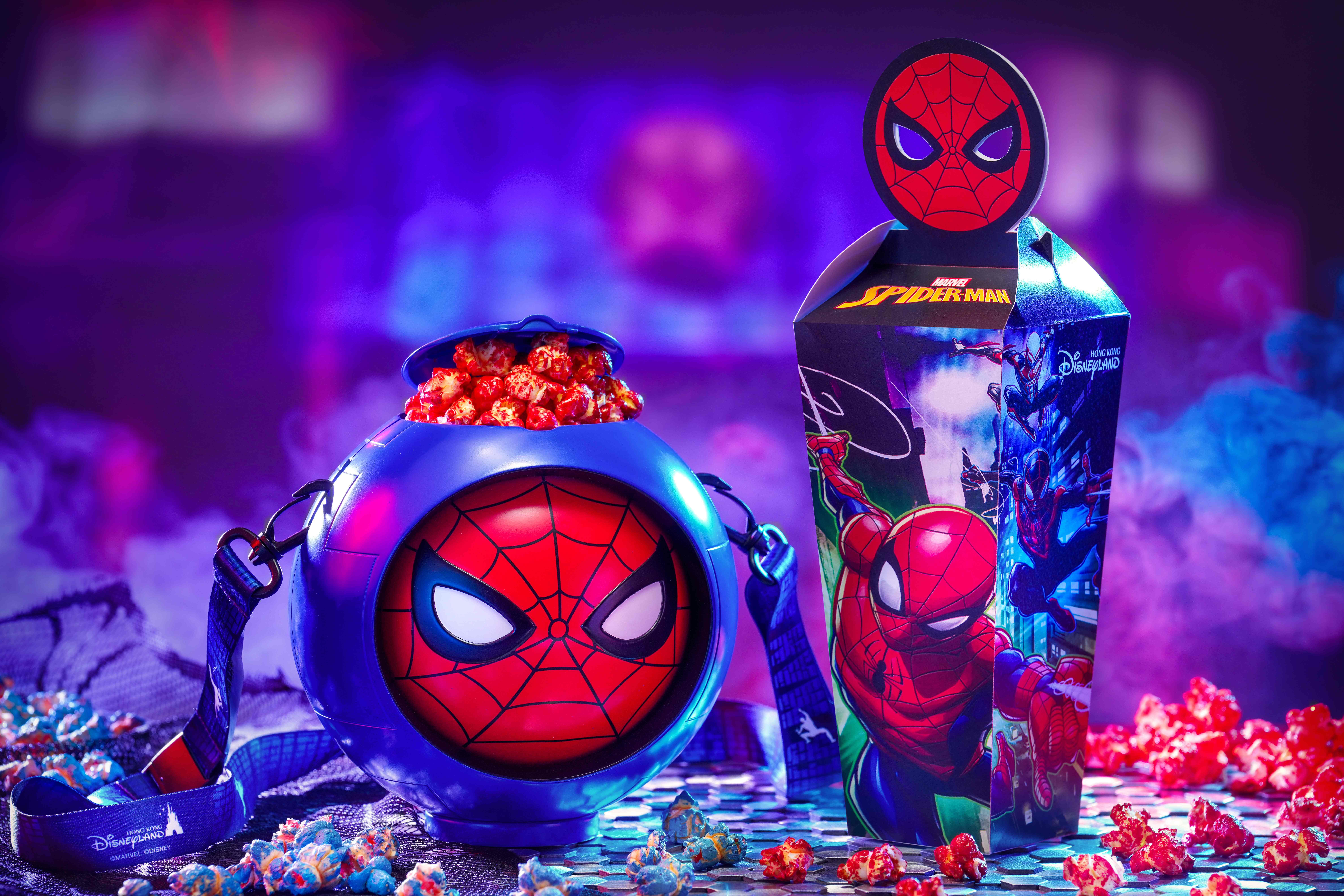 HKDL_Marvel _F&amp;B_Spiderman Popcorn Bucket + Stawberry &amp; Blueberry Flavored Popcorn with box